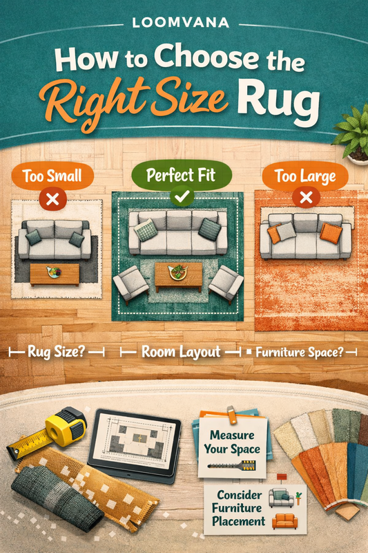 Image with a size guide to choose the right size kilim rug.