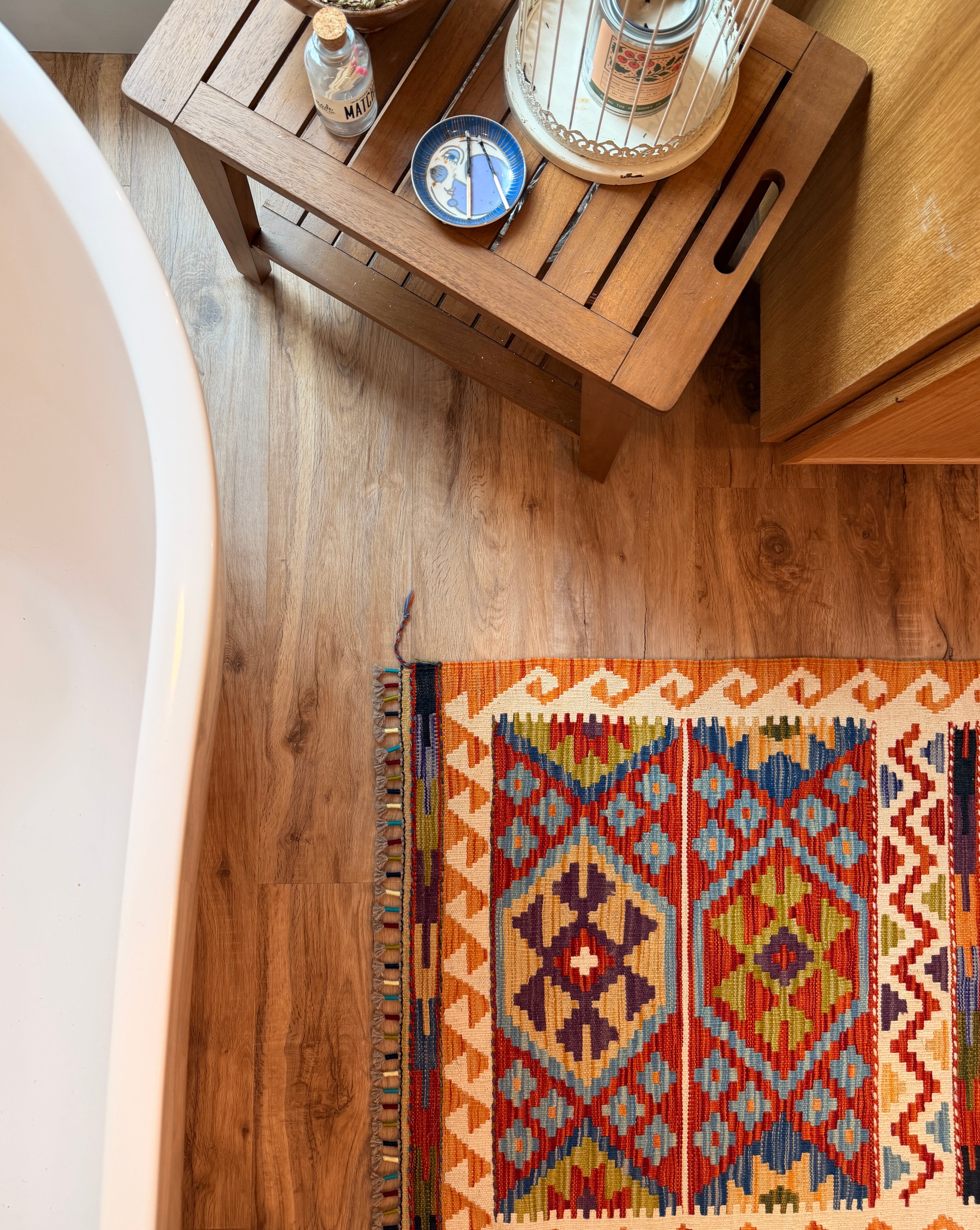 loomvana kilim handwoven runner in modern bathroom in size 10x2.5 made in natural wool